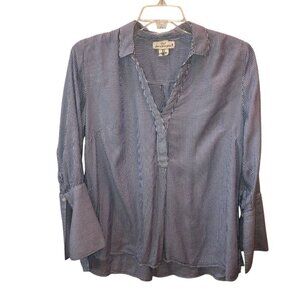 LOGG Womens Size 14 Blue White Pinstripe Long Bell Sleeve Collared Shirt Top